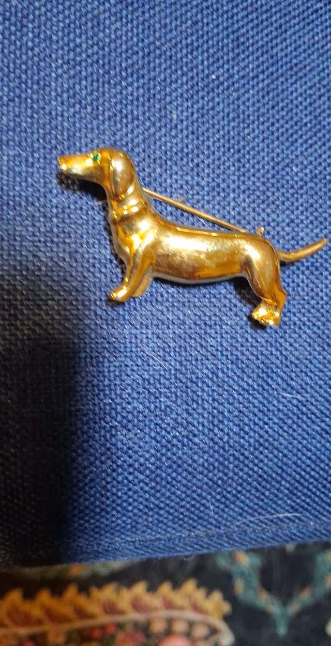 Vintage Gold Dachshund Brooch with Green Eye Accent